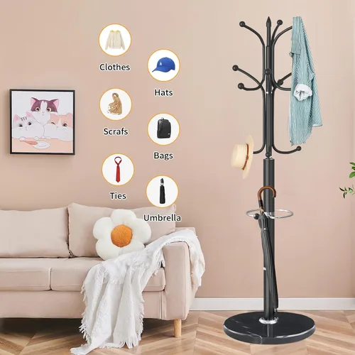 Vista 5 de ZOZOE Perchero de Metal con Soporte, Perchero Moderno Independiente con Base de Mármol Natural, Percheros Resistentes con 12 Ganchos y Negro