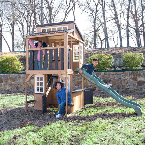 Vista 5 de KidKraft Cliffbrook - Casa de juegos de madera para exteriores de dos pisos con tobogán