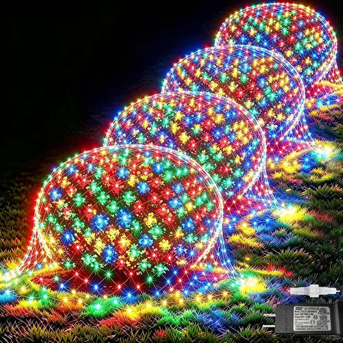 Vista 31 de Pooqla Luces de red solar, 10 x 10 pies, 280 luces LED de red para cenador al aire libre con 8 modos, funciona con energía solar y USB, impermeable