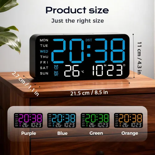 Vista 6 de Reloj de pared digital LED decorativo multifuncional, reloj digital grande que muestra la hora, fecha, temperatura, ajuste automático de brillo