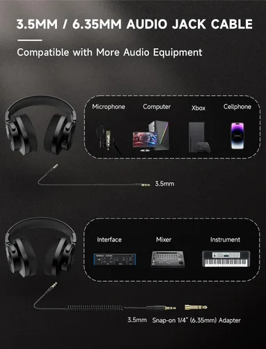 Vista 8 de AOC Auriculares Bluetooth sobre la oreja, monitor de estudio inalámbrico y auriculares DJ mezcladores con tiempo de reproducción de 72 horas, Negro