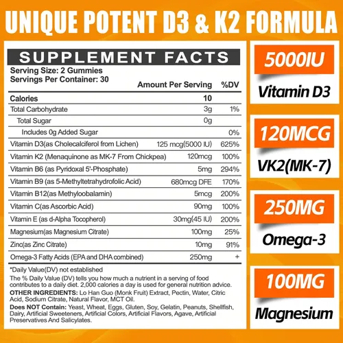 Vista 2 de Gomitas de vitamina D3 K2 para adultos – Vitamina D3 5000IU + K2 (MK-7) 120mcg – Suplementos D3 y K2 sin azúcar con omega-3, metilo B12, B9, B6