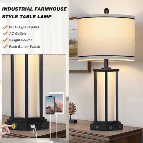 Vista 4 de 27in Tall Farmhouse Table Lamp with USB C+A & Outlet,Black Industrial End Table Lamp for Living Room,Vintage Rustic Bedside Lamp with Night Light