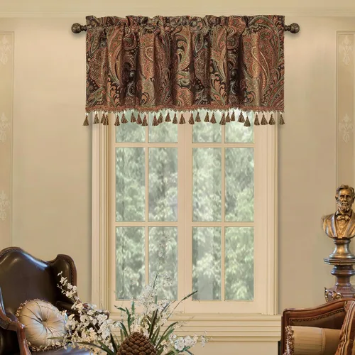 Vista 21 de Loom and Mill Cenefas de jacquard de lujo para ventana de sala de estar, elegante cenefa de cortina de damasco beige con ribete de cuentas, cortina