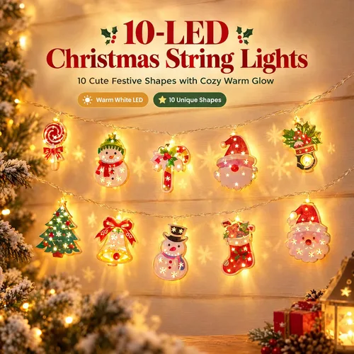 Vista 3 de Guirnalda de 10 luces LED para decoración de árbol de Navidad, Papá Noel, bastón de caramelo, muñeco de nieve, funciona con pilas, para dormitorio
