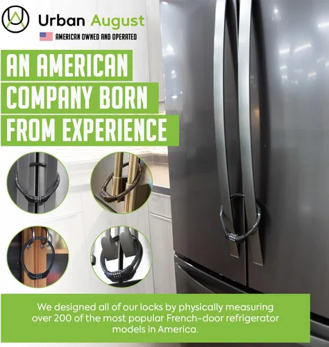 Vista 4 de Urban August Cerradura de refrigerador para niños y adultos, cerradura de refrigerador de 4 dígitos para refrigeradores de puerta francesa