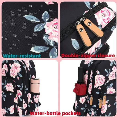 Vista 20 de Leaper Mochila para laptop para mujer: linda mochila floral para escuela, universidad, viajes, trabajo, mochila ligera para niños, Negro margarita