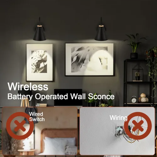Vista 5 de Aplique de pared industrial de madera sintética negra, funciona con pilas, fácil de instalar, sin cables, bombilla LED regulable con control remoto