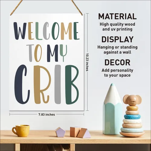 Vista 2 de QVUXZ Letrero decorativo de madera, con texto en inglés "Welcome to My Crib", decoración para habitación de niños, habitación de juegos, tamaño 7.87