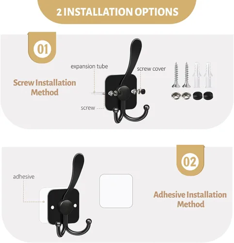 Vista 3 de VIS'V Ganchos para colgar abrigos de pared, ganchos de metal autoadhesivos de 3 puntas para puerta de entrada, 2 opciones de montaje, negro, 4