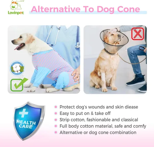 Vista 5 de LovinPet Traje de recuperación para perros, cuidado abdominal antilamidas para perros grandes y medianos, collar alternativo poscirugía, rayas azul