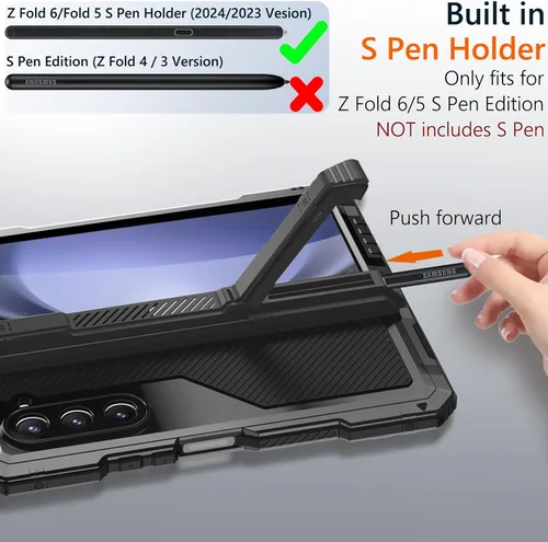 Vista 3 de Funda de metal para Samsung Galaxy Z Fold 5 con soporte para bolígrafo Fold5 S, resistente funda protectora de pantalla Z Fold 5, protector de Negro