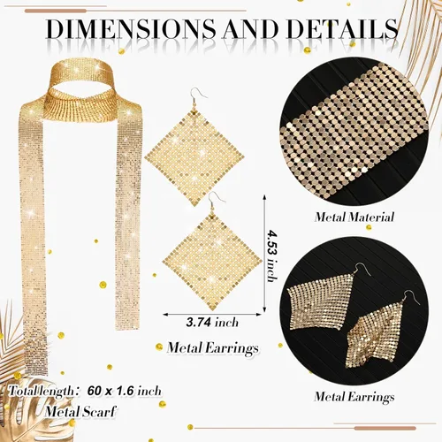 Vista 3 de 5 piezas de accesorios de discoteca de los años 70 para mujer, joyería de disfraz, aretes de discoteca, bufanda, gafas de sol, pulsera de diamantes