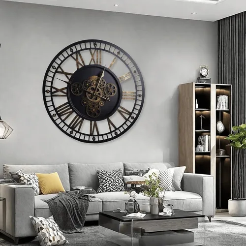 Vista 8 de Reloj de pared digital grande de 24 pulgadas con engranajes móviles reales, reloj redondo silencioso de metal industrial vintage para dormitorio