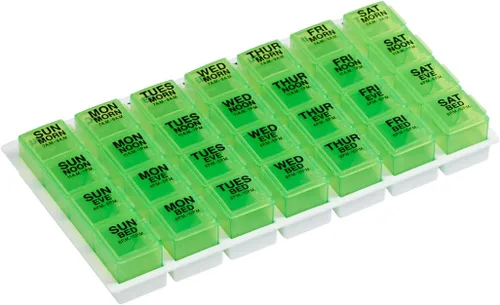 Vista 11 de Ezy Dose Organizador semanal de pastillas (7 días), caja de vitaminas y medicamentos, grandes compartimentos desplegables, 4 veces al día, azul