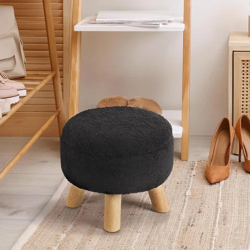 Vista 2 de OGEMXU Reposapiés otomano, otomana redonda pequeña con almacenamiento, taburete Boucle de terciopelo con patas de madera, otomana de almacenamiento