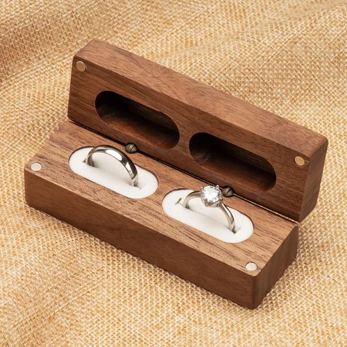 Vista 4 de Caja de doble anillo de madera para compromiso de ceremonia de boda, soporte de almacenamiento de anillos, caja decorativa para 2 anillos