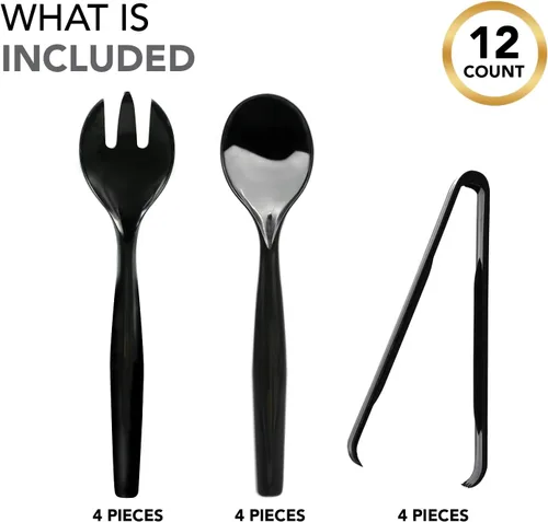 Vista 2 de Party Essentials Utensilios desechables de plástico resistente para bufés, eventos, fiestas, 4 juegos de cucharas, tenedores, pinzas, color negro