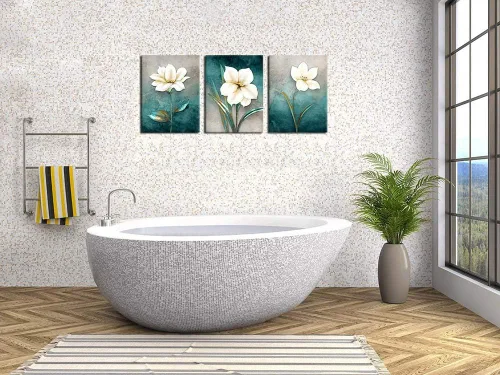 Vista 3 de Lienzo decorativo para pared, diseño floral blanco crema, fondo turquesa, fondo gris azulado, cuadro de arte moderno rústico, baño, dormitorio, sala