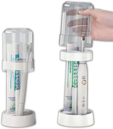 Vista 4 de El soporte para cepillos de dientes con taza/cubierta contiene 2 ranuras, compatible con cepillos de dientes eléctricos y cepillos de dientes