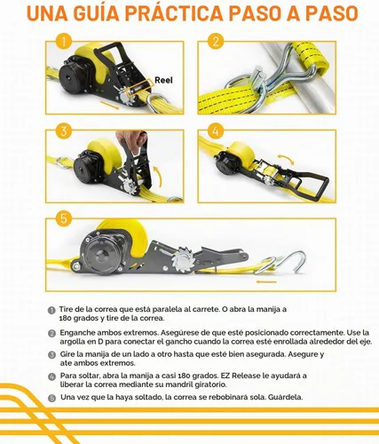 Vista 4 de STRAPINNO Correa de amarre retráctil con trinquete, correa resistente de 1.5 pulgadas x 20 pies con ganchos de doble J, anillos D, correas sin