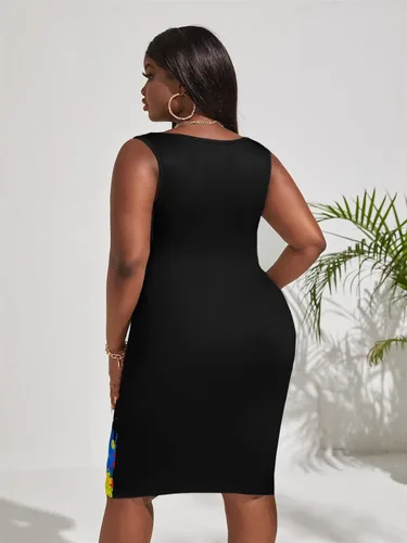Vista 2 de OYOANGLE Vestido de verano sin mangas con estampado de verano para mujer, cuello redondo, ajustado, corte entallado