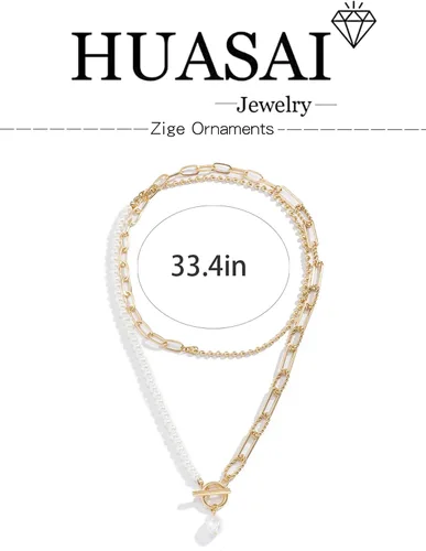Vista 7 de HUASAI Collar de oro en capas para mujer, collar bohemio con cuentas de turquesa, collar largo con dije de moneda, collar bohemio en capas