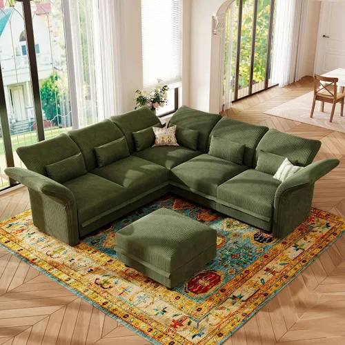 Vista 18 de LLappuil - Sofá seccional en forma de L con almacenamiento, sofás seccionales modulares beige de pana para sala de estar con brazos y respaldos Pana