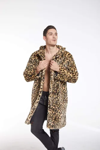 Vista 4 de UMREN Abrigos de piel sintética de leopardo para hombre, chaqueta larga de lujo, parka cárdigans