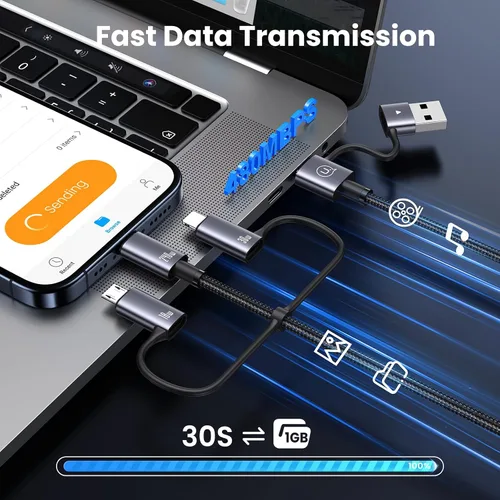 Vista 4 de Cable de carga múltiple de 240 W, cable USB C 6 en 1 de 4 pies, cables de carga rápida con puertos USB-C/A a conectores IP/tipo C/micro