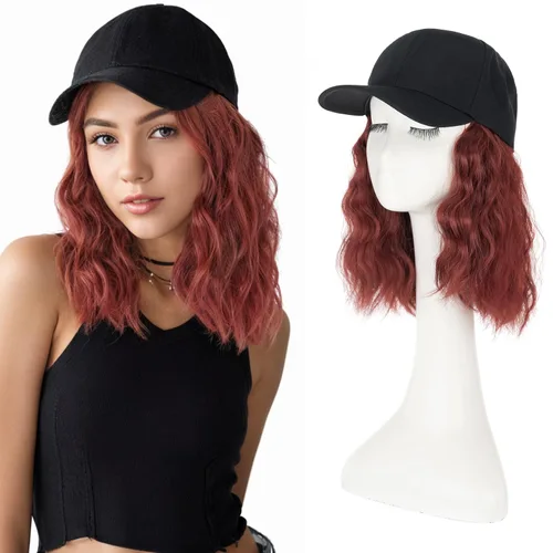 Vista 20 de S-noilite Peluca de gorra de béisbol con extensiones de cabello, 8 pulgadas, corta, rizada, ondulada, estilo Bob, peinado, ajustable, con cabello
