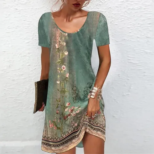 Vista 2 de Mini vestido de verano con estampado floral bohemio para mujer, cuello en V, vintage, acampanado, vestido de playa con hombros descubiertos y manga