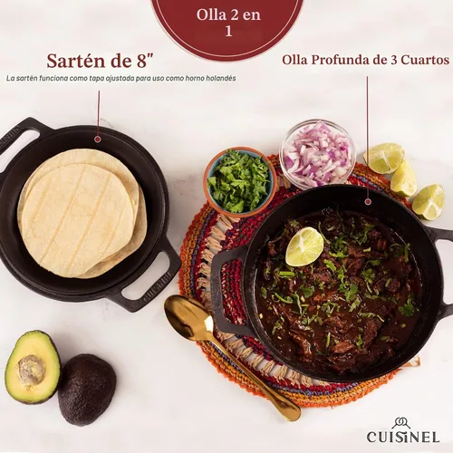 Vista 5 de Cuisinel Horno Holandés de Hierro Fundido - Olla Profunda de 3 Cuartos - Multicocina 2 en 1 Presazonada - Tapa Combinada que Funciona como Sartén