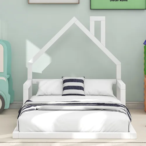 Vista 3 de P PURLOVE Base de cama de tamaño individual con cabecera en forma de casa, plataforma de madera para casa, tamaño individual con soporte de listones