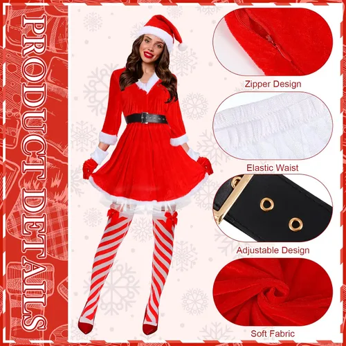 Vista 4 de Vicenpal 5 Pcs Christmas Santa Costume Set Claus Costume with Xmas Hat Fur Gloves High Socks Red Outfits Dress for Women Girl