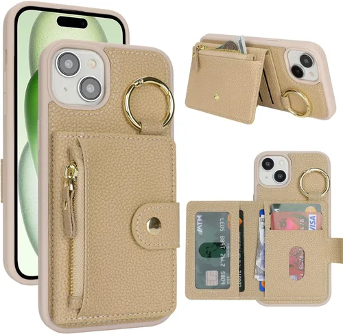 Vista 32 de Funda para iPhone 14 Plus con tarjetero, color negro Funda con cremallera y ranura para mujer y hombre