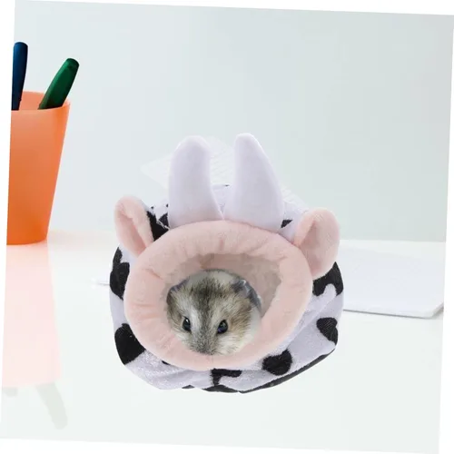 Vista 5 de VILLCASE Hámster de algodón para mascotas, acogedor escondite para conejillos de indias, cama de algodón cálida y adorable con estampado de vaca