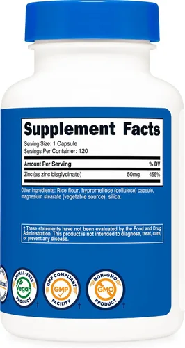 Vista 5 de Nutricost Bisglicinato de zinc (50 mg) 120 cápsulas veganas, sin OMG, suplemento sin gluten