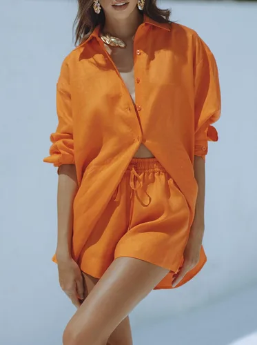 Vista 3 de Fixmatti Conjunto de 2 piezas para mujer, camisa de manga larga con botones y pantalones cortos, sudadera casual