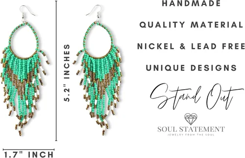 Vista 9 de Western Earring Bundle for Women: Boho Turquoise Patina Tassels & Handmade Colorful Bead Dangles for Concerts & Festivals