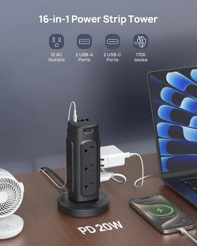 Vista 3 de TROND Torre de Regleta de Alimentación Retráctil – Regleta protectora de sobretensiones de enchufe plano con USB C PD de 20 W, cable de extensión