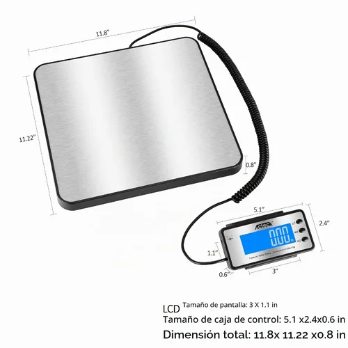 Vista 4 de Báscula digital postal de envío ACTECK, 208,6 kg x 0,45 g de alta precisión con plataforma de acero inoxidable, retroiluminación LCD, cuatro modos