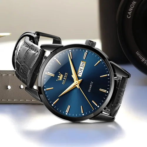 Vista 6 de OLEVS Relojes para hombres de cuero marrón caja dorada analógico cuarzo moda negocios vestido reloj día fecha luminoso impermeable casual masculino