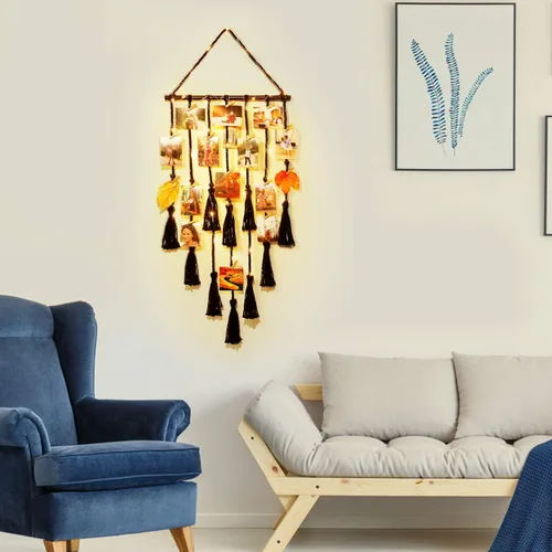 Vista 6 de Homecor Decoración de pared colgante de macramé negro, decoración bohemia para habitación, collage de marcos de fotos con luz remota, 30 clips