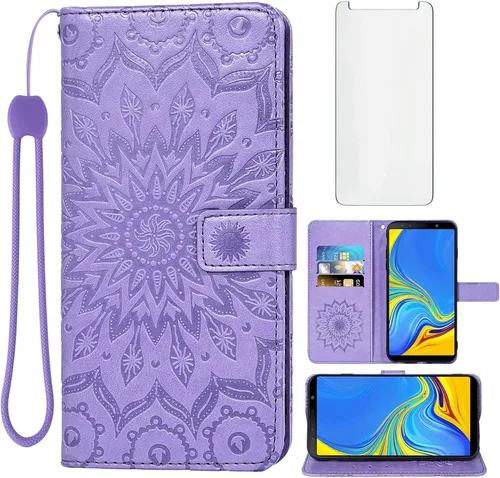 Vista 8 de Funda de teléfono para Samsung Galaxy A7 2018 con protector de pantalla de vidrio templado, funda delgada con tapa para tarjetero, accesorios