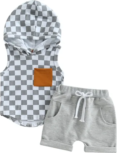 Vista 15 de Conjunto de ropa de verano para bebé niño y niño, diseño a cuadros, manga corta, sudadera con capucha y pantalones cortos casuales