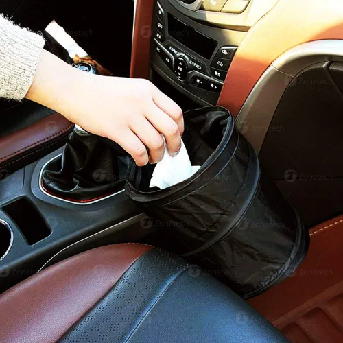 Vista 6 de ZONETECH Paquete de 2 basureros portátiles universales para automóvil, color negro, plegable, a prueba de fugas, para basura para organizar el auto