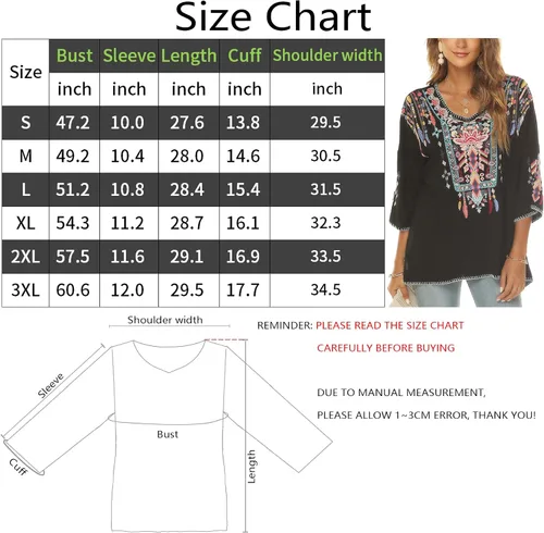 Vista 2 de Vakakado Blusas bordadas mexicanas bohemias para mujer, camisas tradicionales bohemias campesinas de manga 34, ropa hippie, blusa tipo túnica