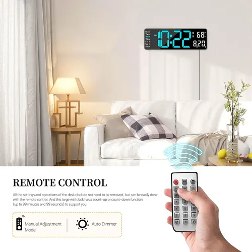 Vista 4 de Reloj digital, reloj de pared digital para decoración de sala de estar, reloj de mesa con alarma para dormitorio, reloj de pared grande con control