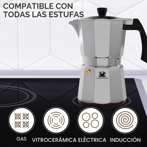 Vista 6 de Cafe Du Chateau Moka Pot Espresso Maker - Hace 6 tazas de espresso - Percolador de café con cuchara medidora de clip - Cafetera cubana e italiana